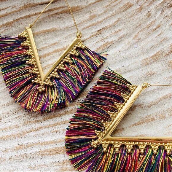 Boho Multi Color Fringe Filigree Drop Earrings NWT - Picture 2 of 4